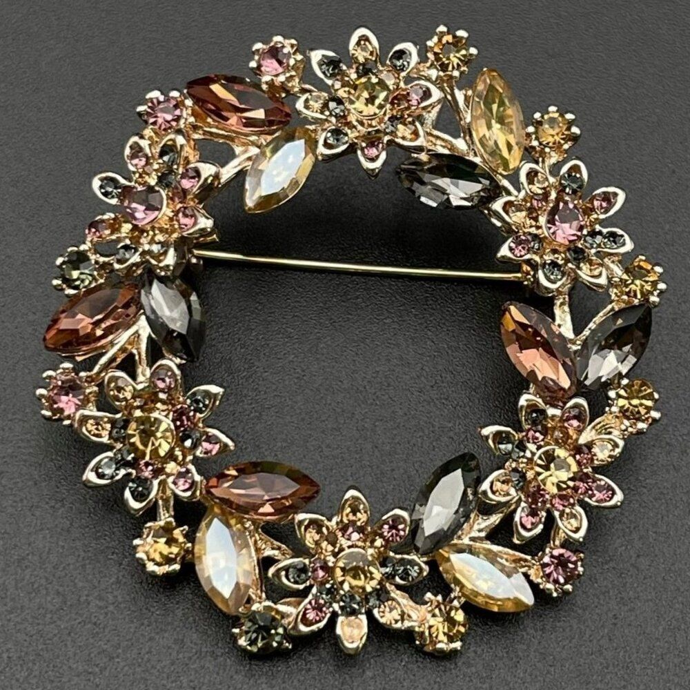 Rose Gold with Multicolored Crystal Floral Flower Leaf Wreath Pin Back Brooch